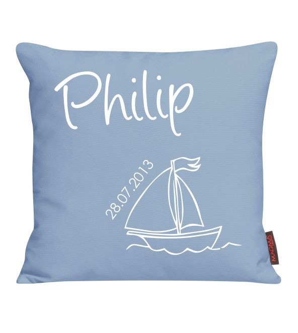 Kissen bedruckt mit Name, Boot und Datum