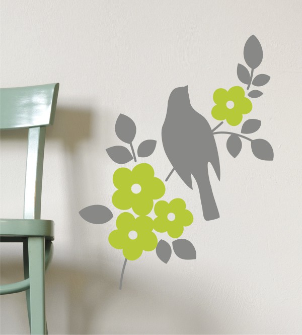 Vogel mit Blumengeäst als Wandtattoo