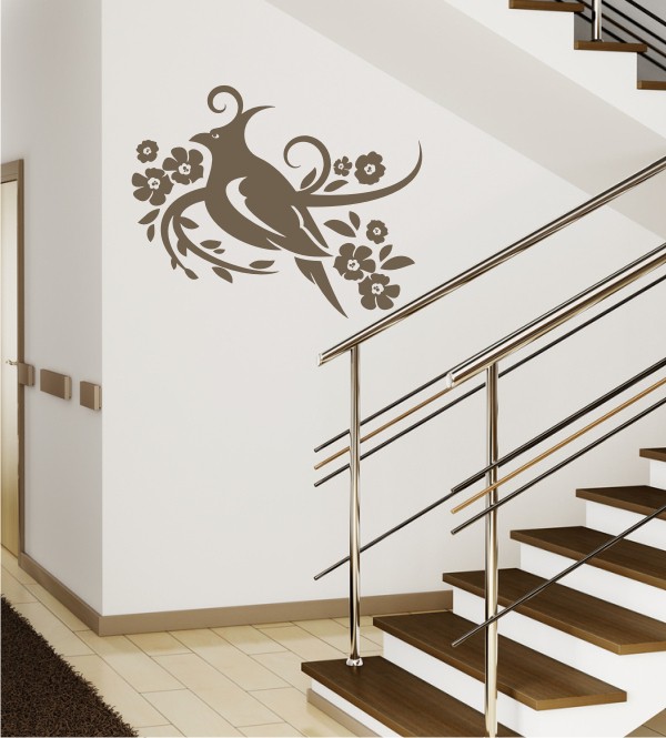 Vogel mit Blumenranke als Wandtattoo