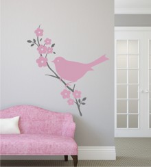 Vogel auf Blumenast als Wandtattoo